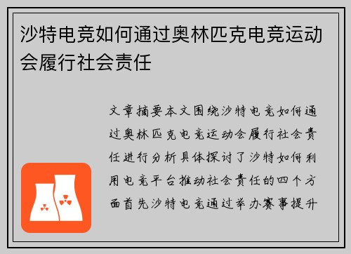 沙特电竞如何通过奥林匹克电竞运动会履行社会责任 沙特电竞如何通过奥林匹克电竞运动会履行社会责任